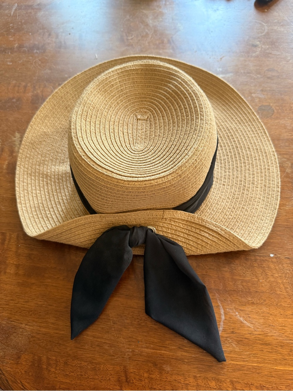 Wide Brim Straw Sun Hat with Black Ribbon Tie